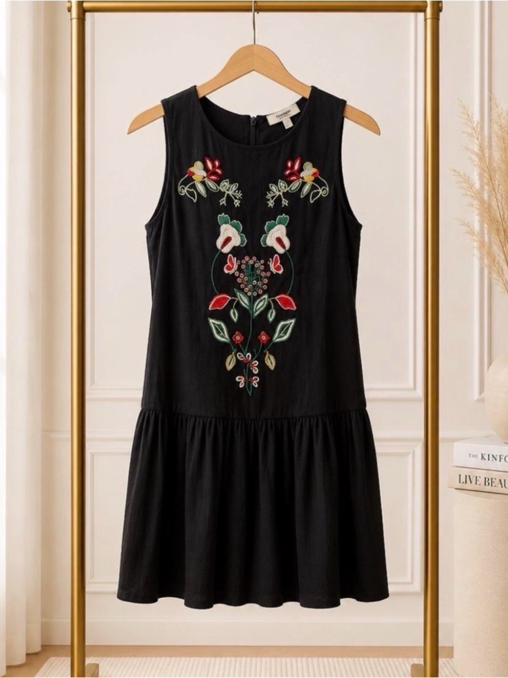 Black Sleeveless Embroidered Drop-Waist Dress